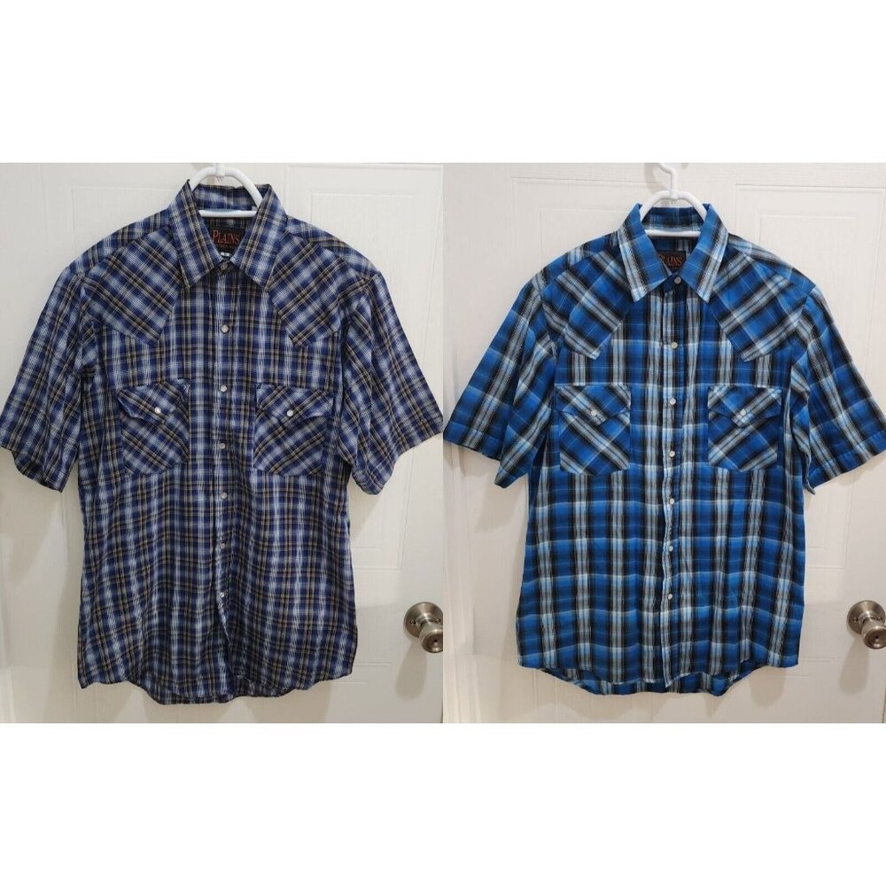 Lot of x2 Plains Western Wear Blue Plaid Short‎ Sleeve Pearl Snap Shirt Size S
